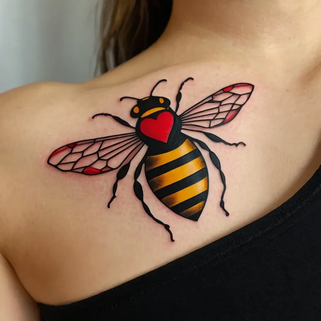 Vibrant bee tattoo with a red heart on its back, intricate wings, and bold yellow stripes on the shoulder.