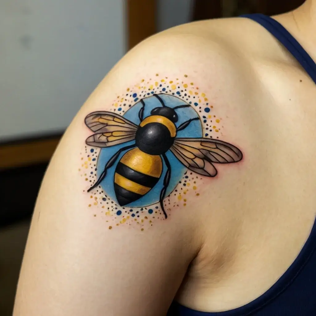 Tattoo of a vibrant bee on a blue background with dotwork details, symbolizing community and diligence.