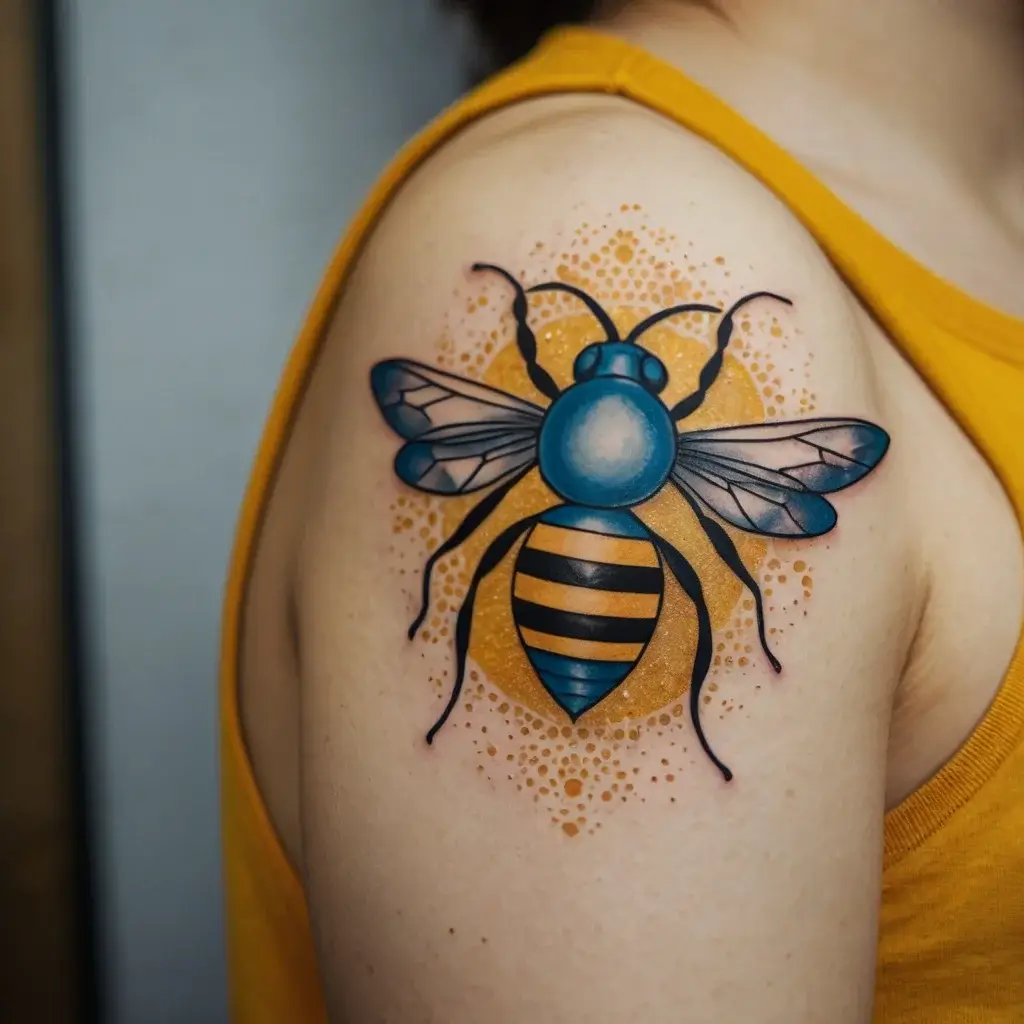 A vibrant tattoo of a blue and yellow bee with detailed wings, accented by an orange dot pattern on the shoulder.