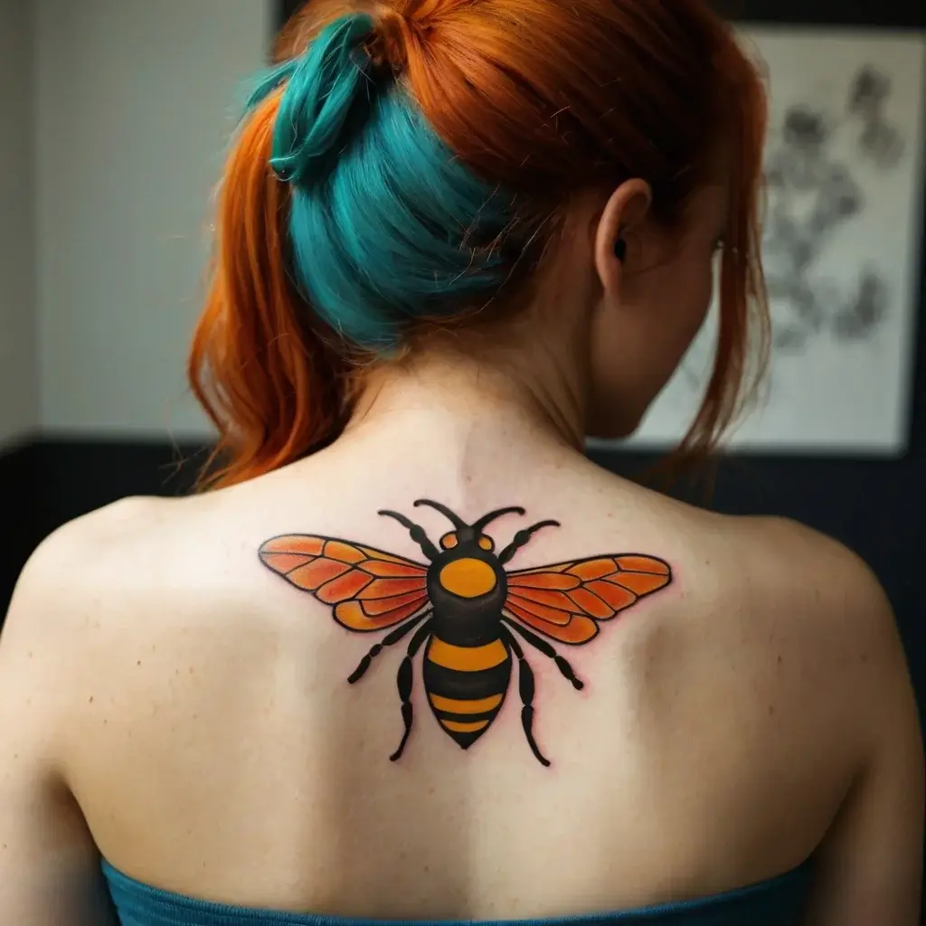 Bold bee tattoo on back; vibrant orange and black, with detailed wings, showcasing a mix of realism and cartoon style.