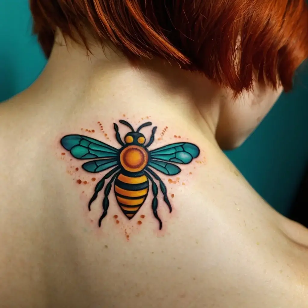 Colorful bee tattoo on back with vibrant teal wings and orange accents, designed in a bold, traditional style.