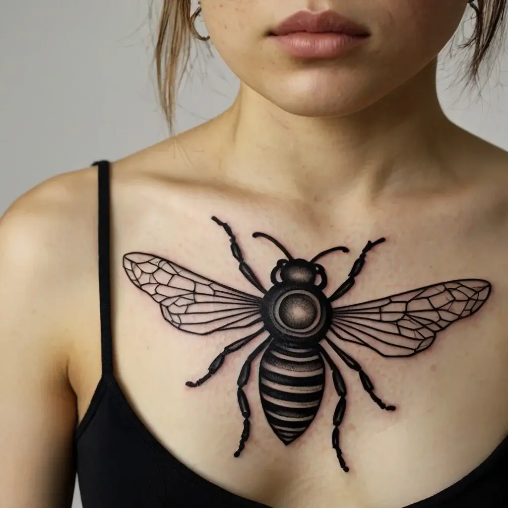 Detailed black and gray bee tattoo on chest, featuring intricate wing patterns and bold, symmetrical shading.