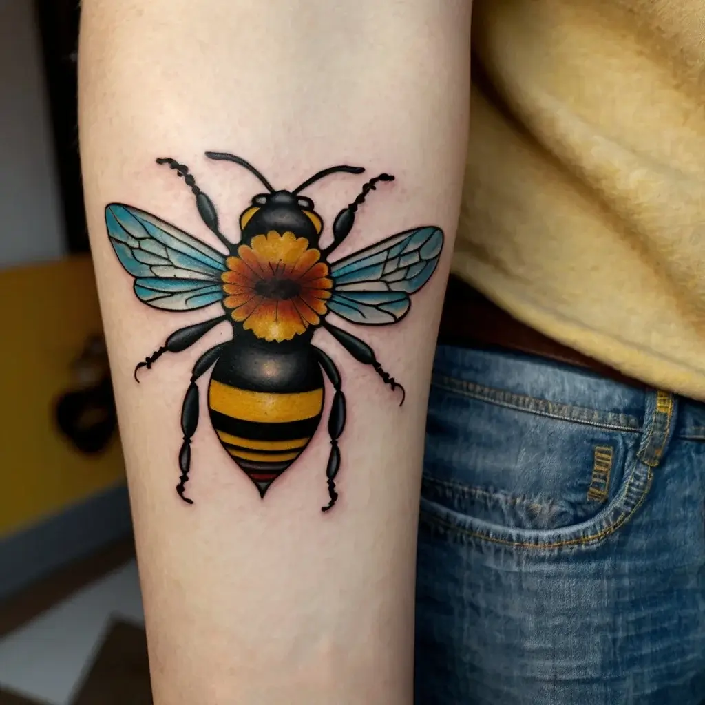 Tattoo of a bee with yellow stripes and blue wings, featuring a vibrant orange flower at its center on an arm.