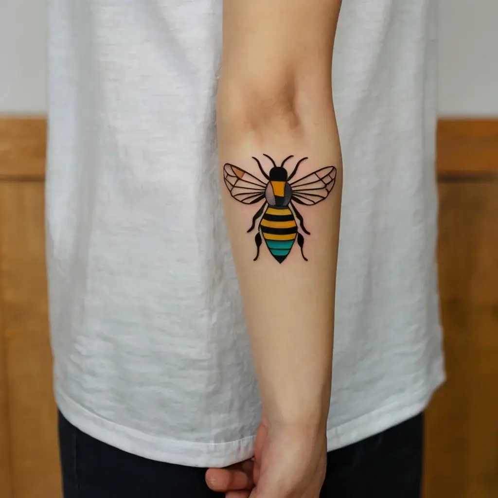 Bold, colorful bee tattoo on forearm with black outlines and vibrant orange, yellow, and green hues.