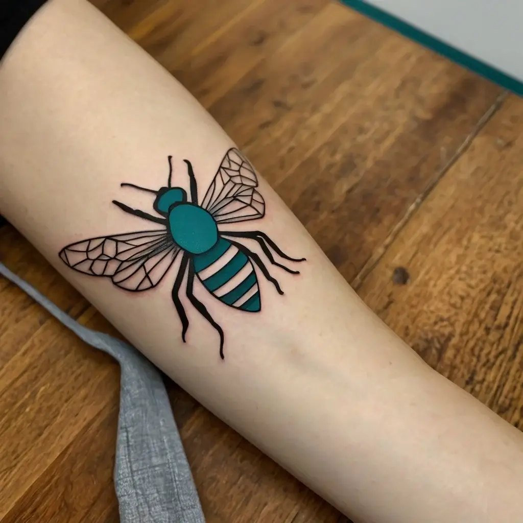 Tattoo of a stylized teal bee with detailed wings and bold outlines, on the inner arm.