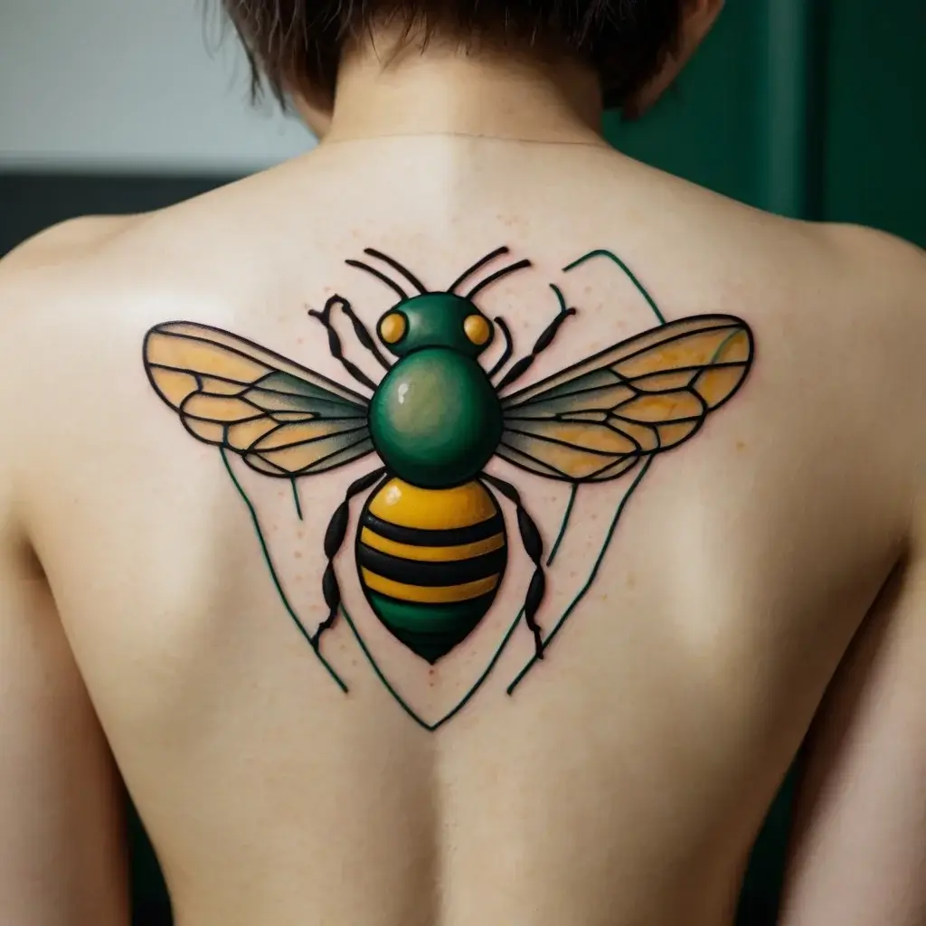 A bold, vibrant bee tattoo with green accents and thick black outlines, centered on the upper back, symbolizing community.