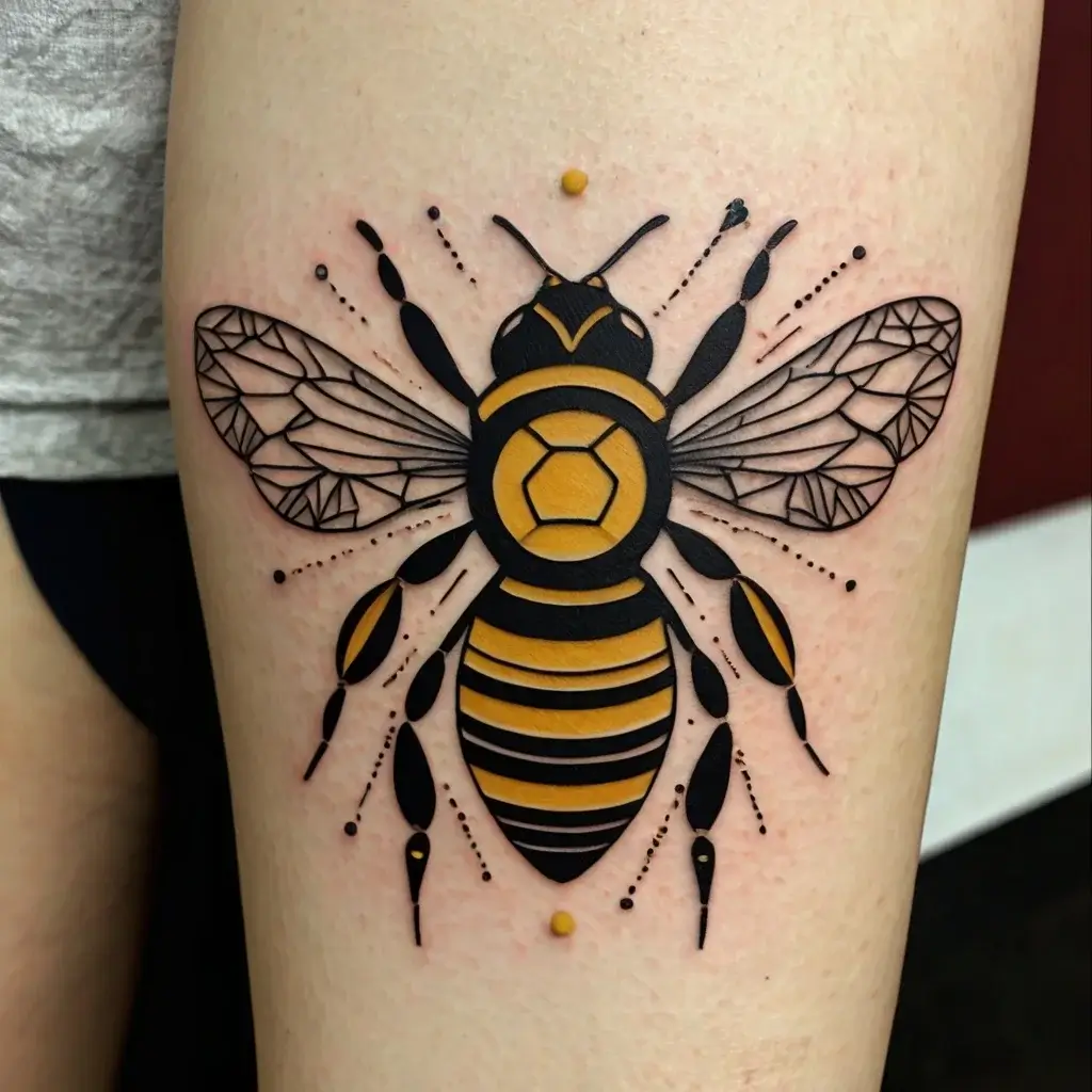 Stylized bee tattoo with bold black outlines and geometric wing details on the thigh, featuring gold highlights.