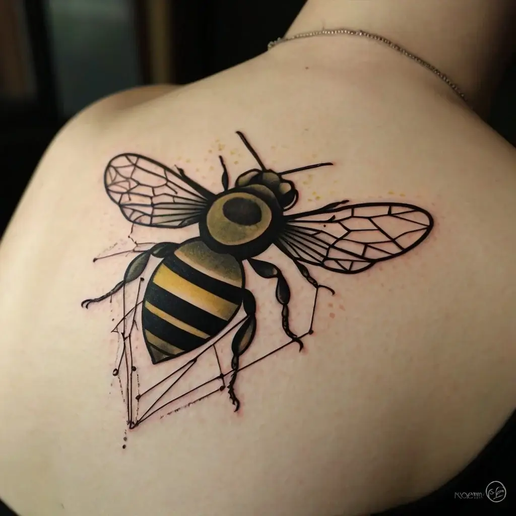 Tattoo of a stylized bee with bold black and yellow stripes, geometric wing detailing, and subtle background shading.