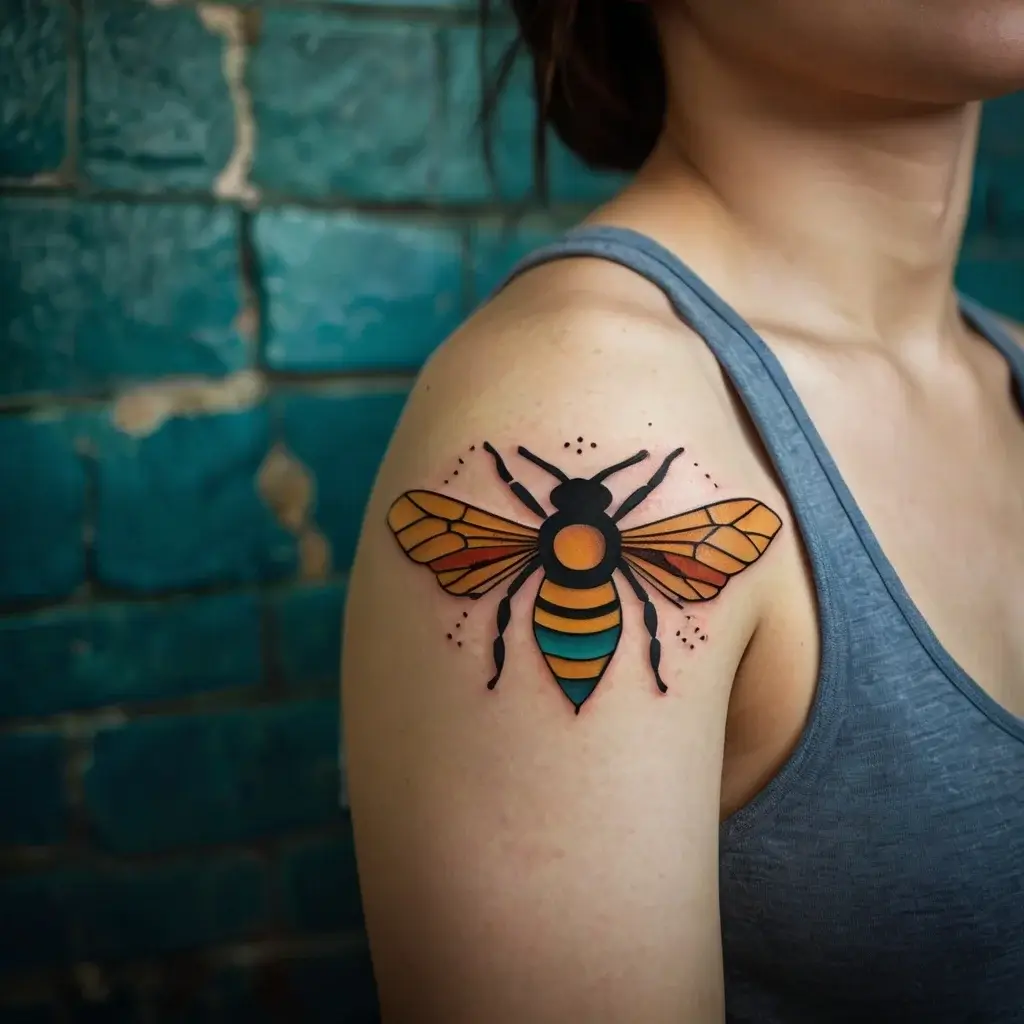 A bold bee tattoo with vibrant orange wings and striped body on the shoulder, symbolizing hard work and community.