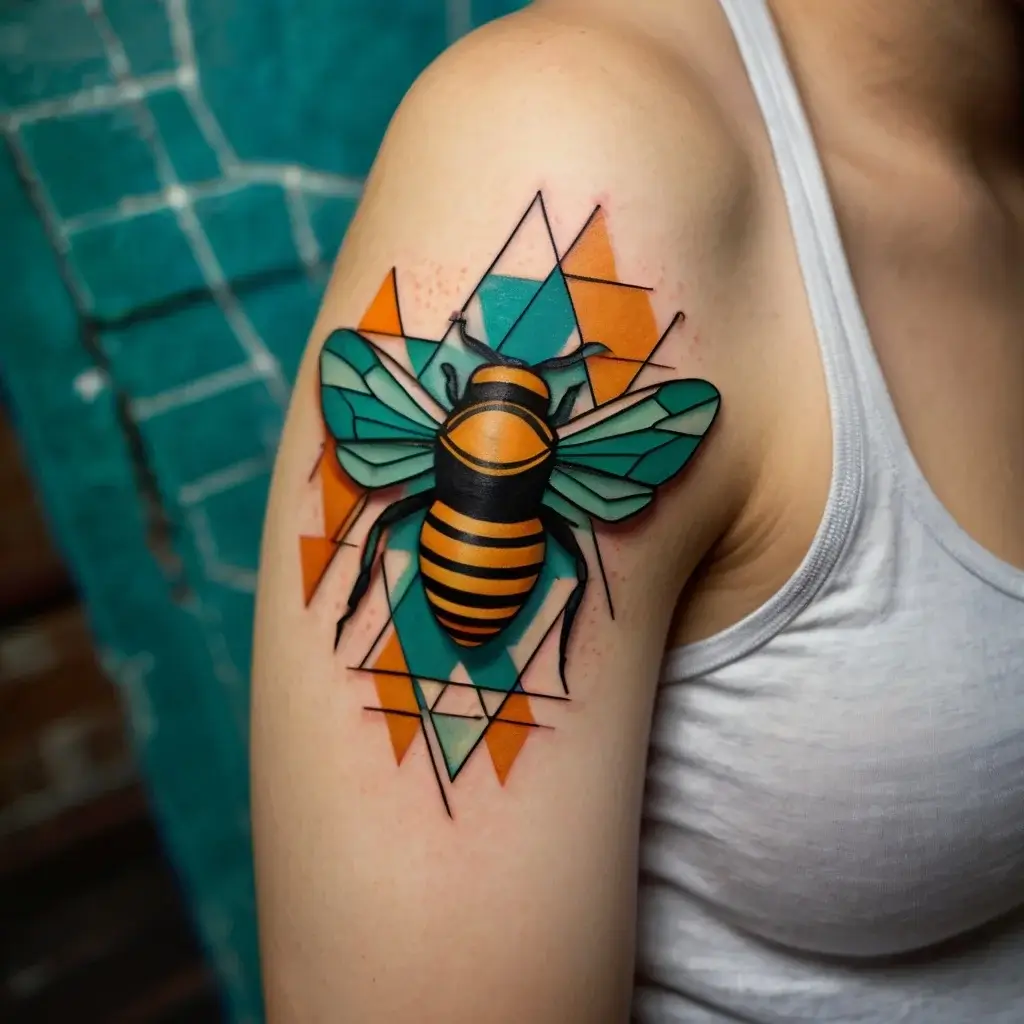 Bold bee tattoo with geometric green and orange shapes, blending realism and abstract art on the upper arm.