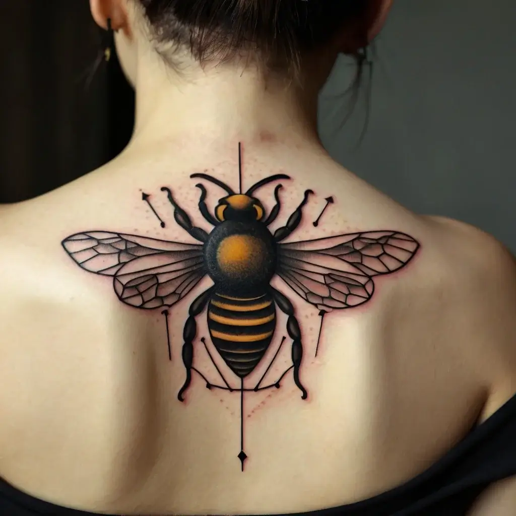 A detailed bee tattoo with black and orange hues on the upper back, featuring geometric wings and an arrow through its body.