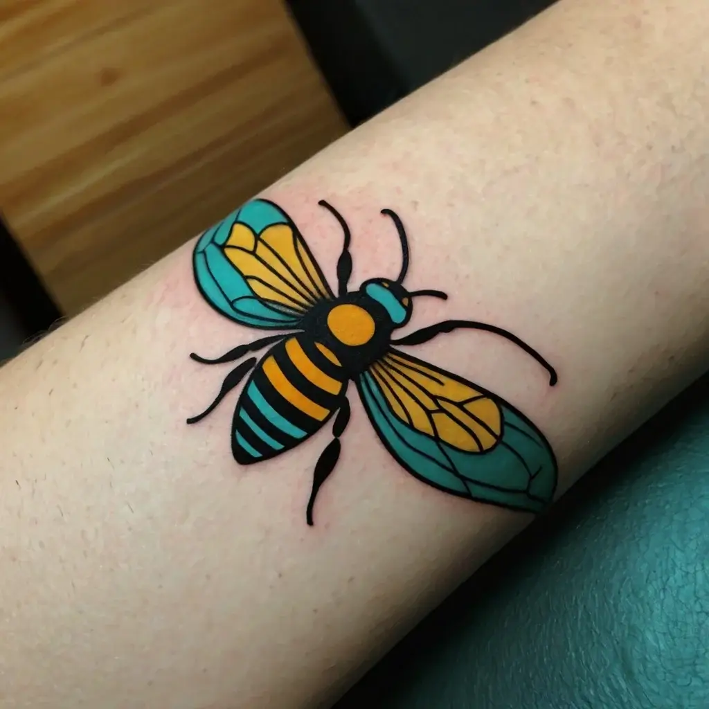 Bold, colorful bee tattoo with teal and orange wings, featuring black outlines on forearm, in a traditional style.