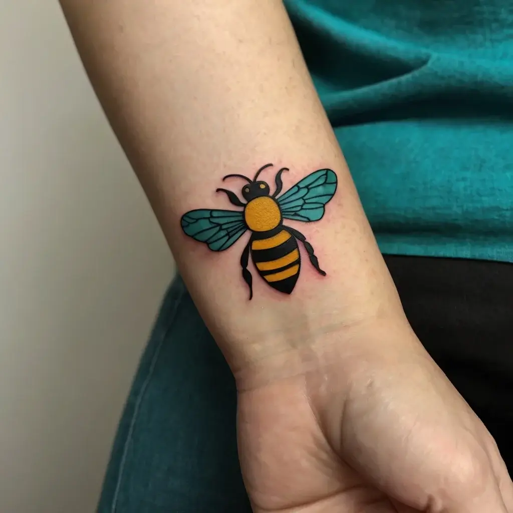 Colorful bee tattoo with teal wings and a striped yellow body on the wrist, symbolizing diligence and harmony.