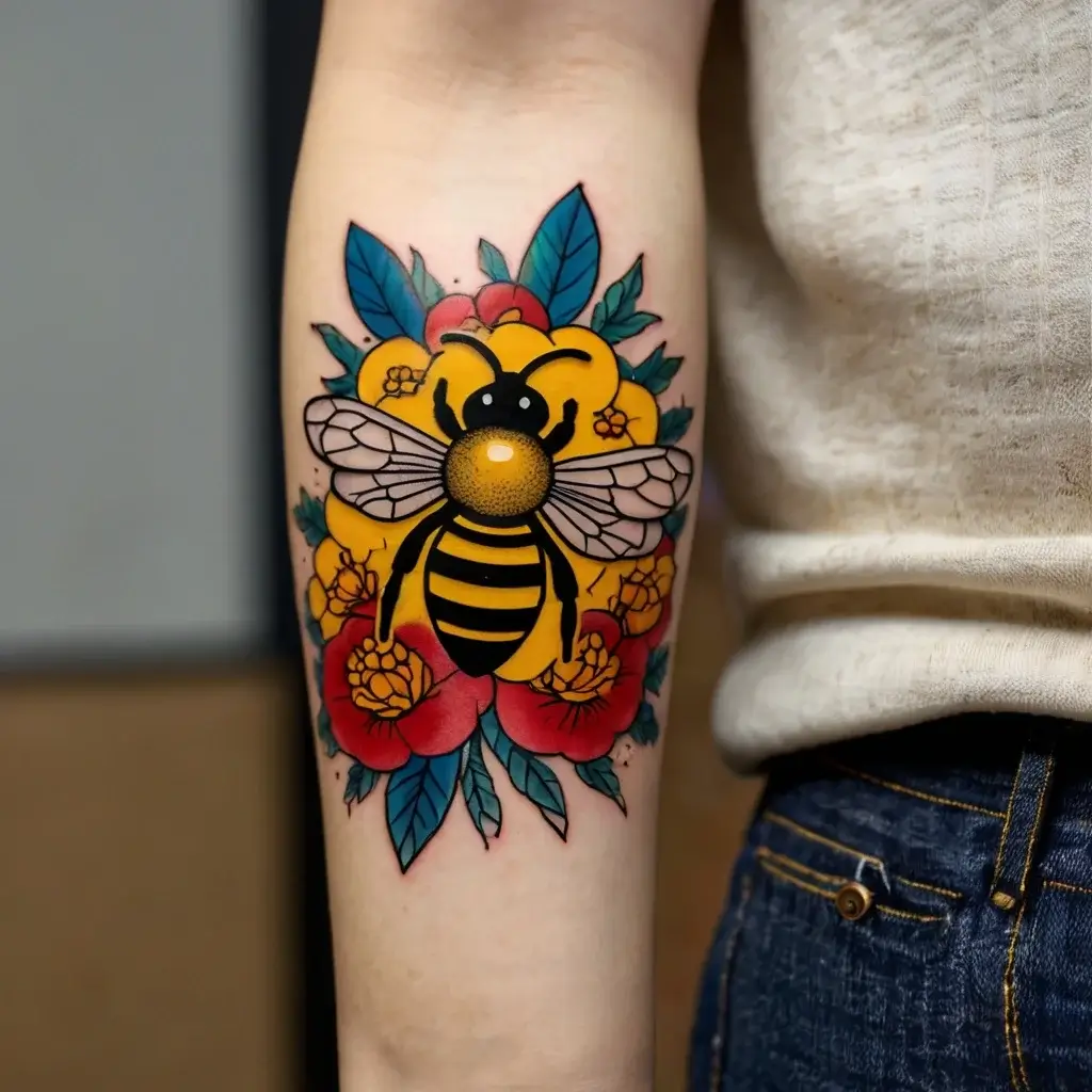 Colorful bee tattoo on arm with vibrant yellow, red flowers, and green leaves, embodying nature and vitality.