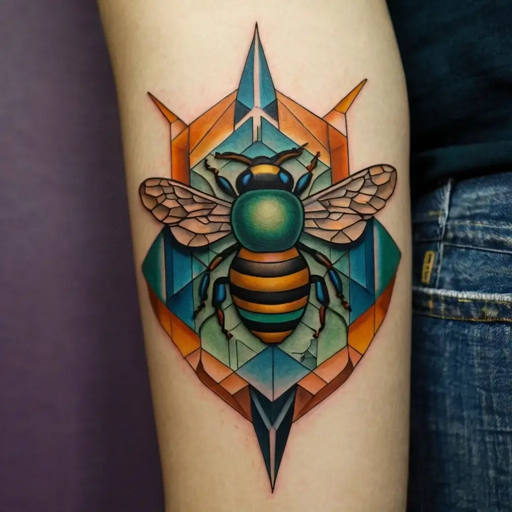 Tattoo of a vibrant bee with geometric shapes in orange and blue hues, showcasing bold, modern artistry on the forearm.