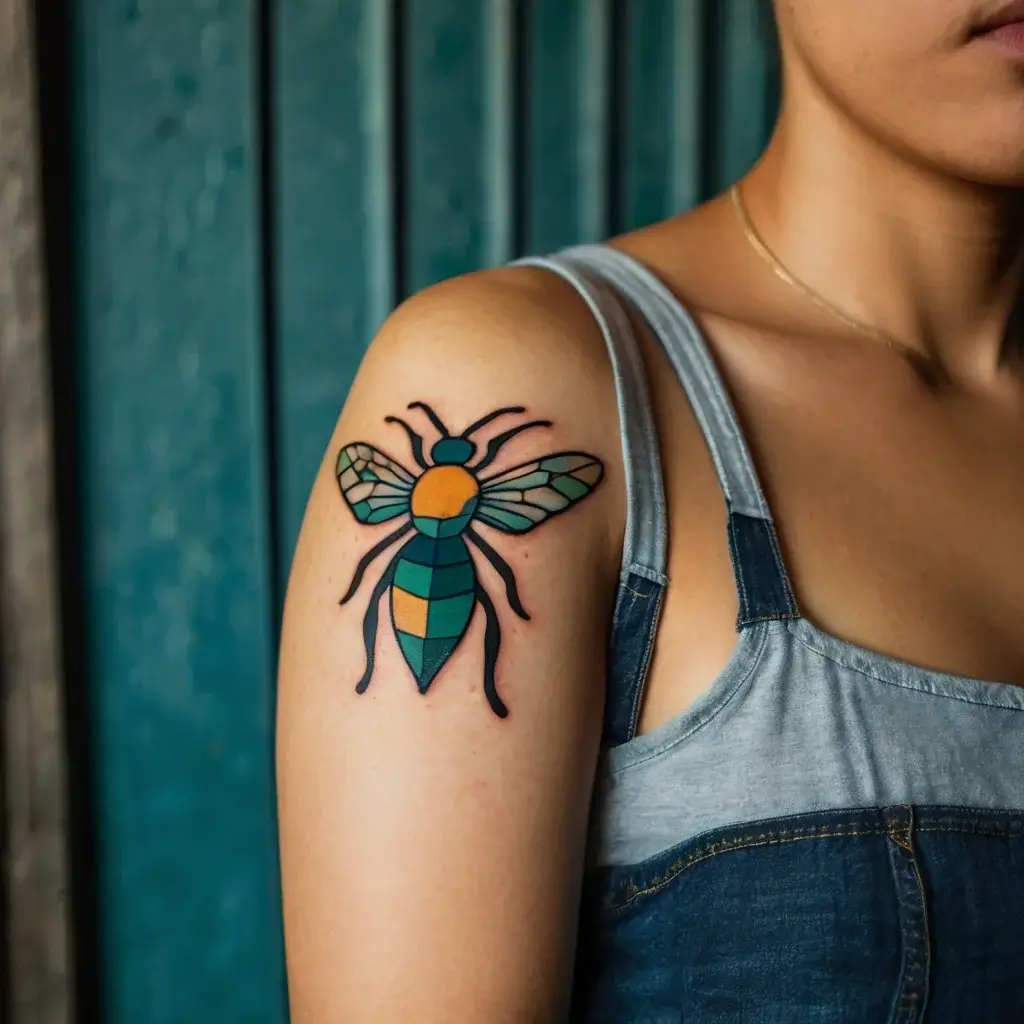 Tattoo of a bee in geometric style with vibrant shades of teal, orange, and green on the shoulder.