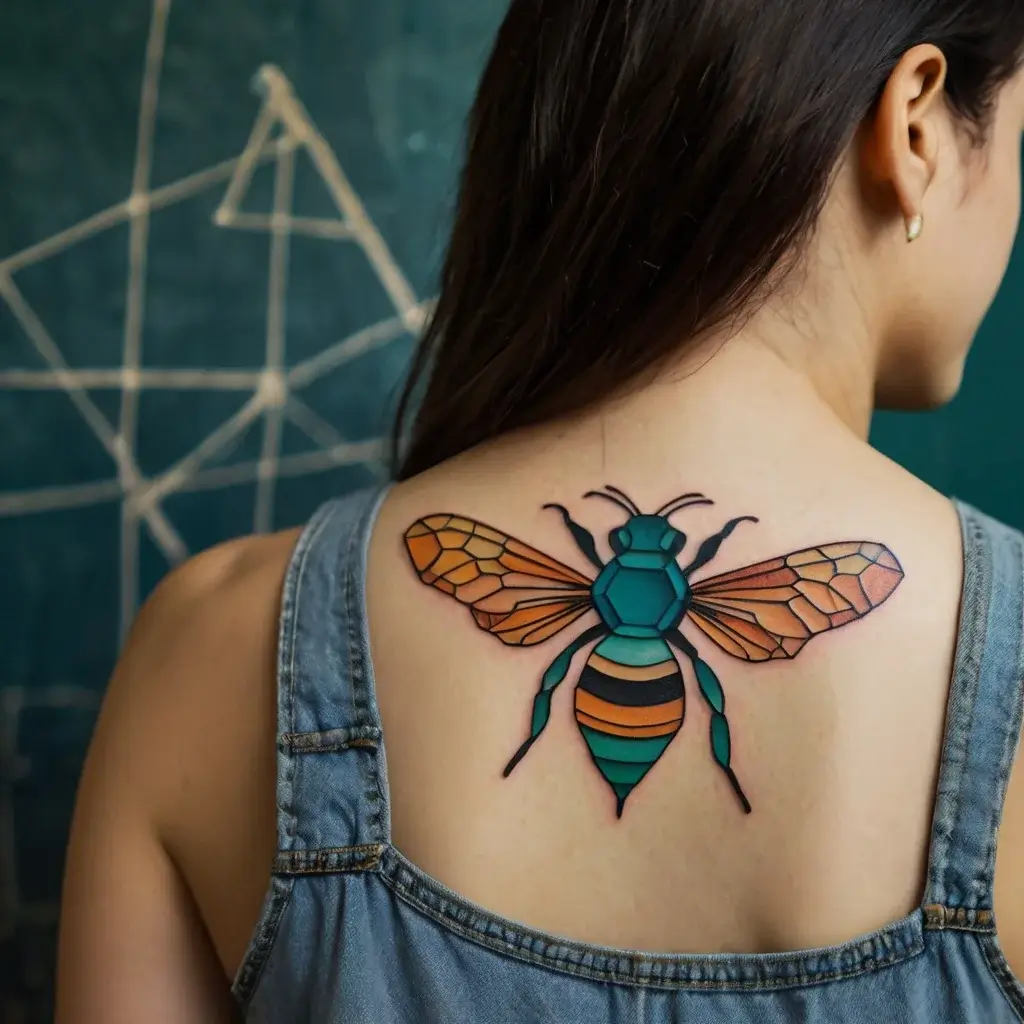 Geometric tattoo of a bee with vibrant orange and teal segments, located on the upper back of a person.