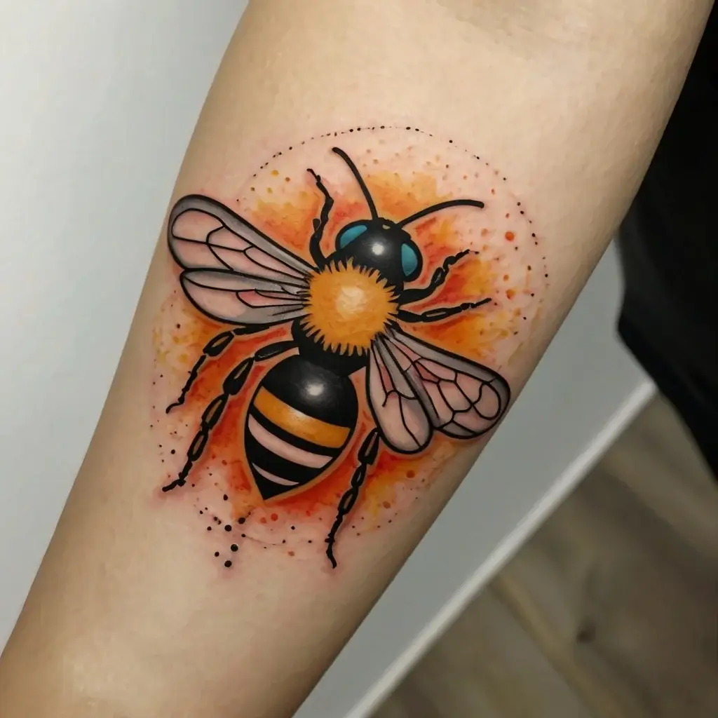 Tattoo of a vibrant bee with orange petals and blue eyes, surrounded by a dotted orange halo on the forearm.