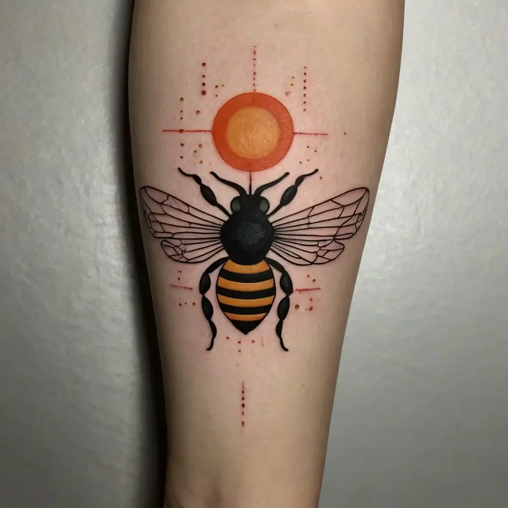 Geometric wasp tattoo with dotwork details, featuring a bold orange circle above, symbolizing energy or the sun.