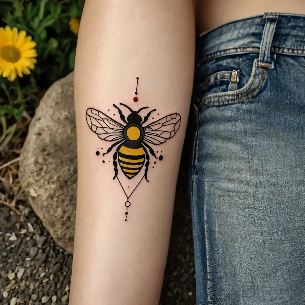 Stylized bee tattoo with geometric lines and dots on the forearm, featuring bold black and yellow highlights.