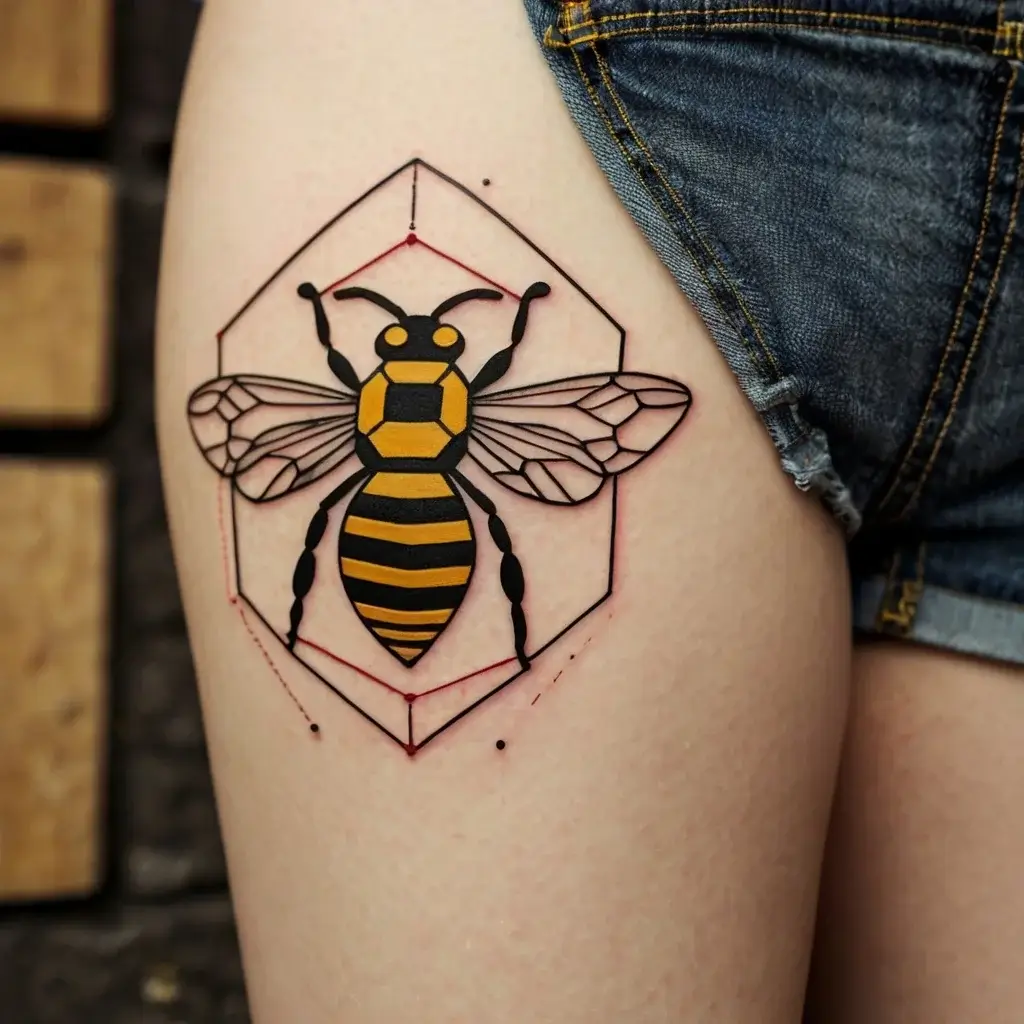 Geometric bee tattoo with bold black and yellow stripes, set within a structured hexagonal frame on the thigh.