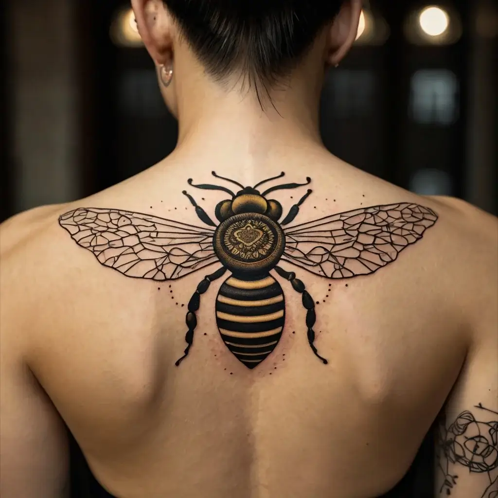 Intricate bee tattoo in black and gold on back, featuring detailed geometric wings and a central ornate heart design.