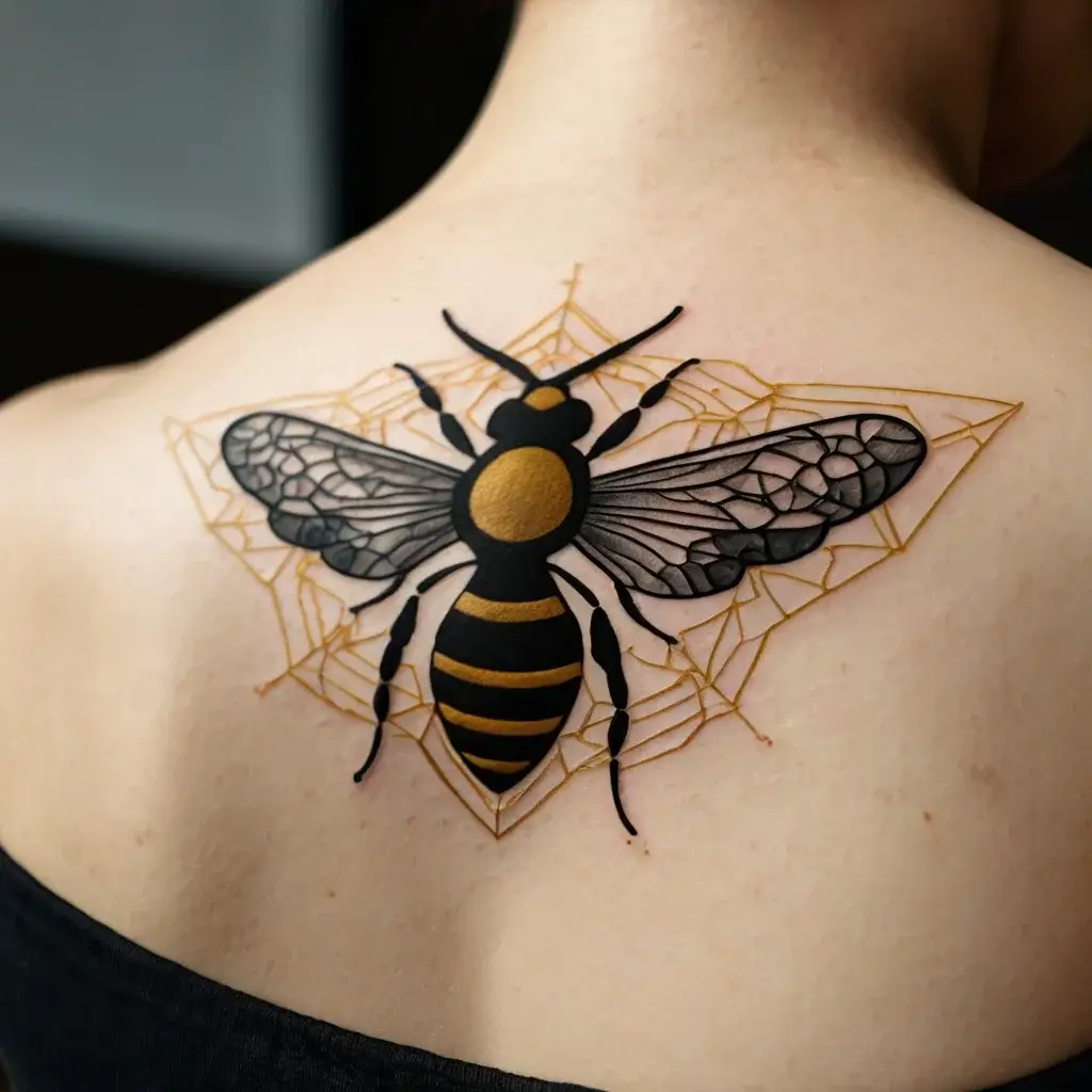 Tattoo of a black and gold bee with detailed wings on a geometric web on the upper back.