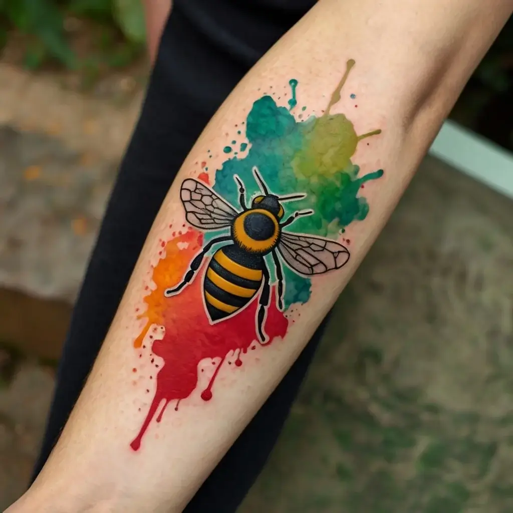 Colorful tattoo of a bee with vibrant watercolor splashes in green, blue, orange, and red, creating a striking contrast.