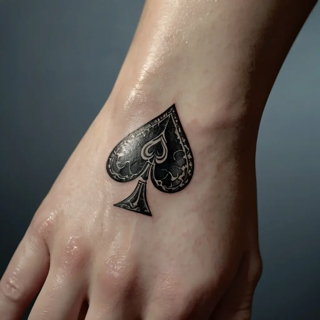 Intricate black spade tattoo on hand, featuring a detailed ornamental pattern within the spade.