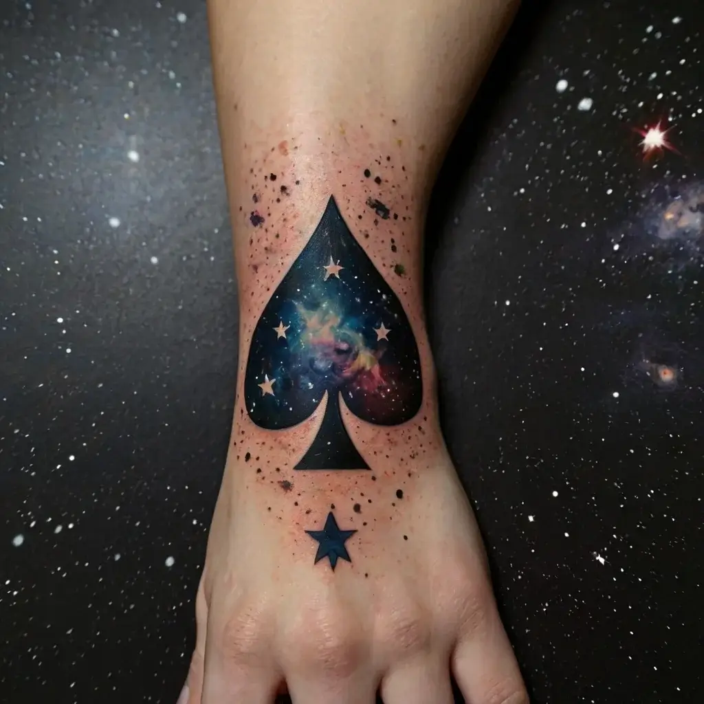 Tattoo features a spade filled with a cosmic scene, stars, and a small star below, surrounded by splattered ink effect.