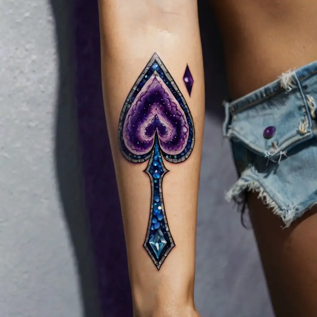 Tattoo of a spade symbol with a galaxy design, featuring purple and blue cosmic patterns and white dot stars.