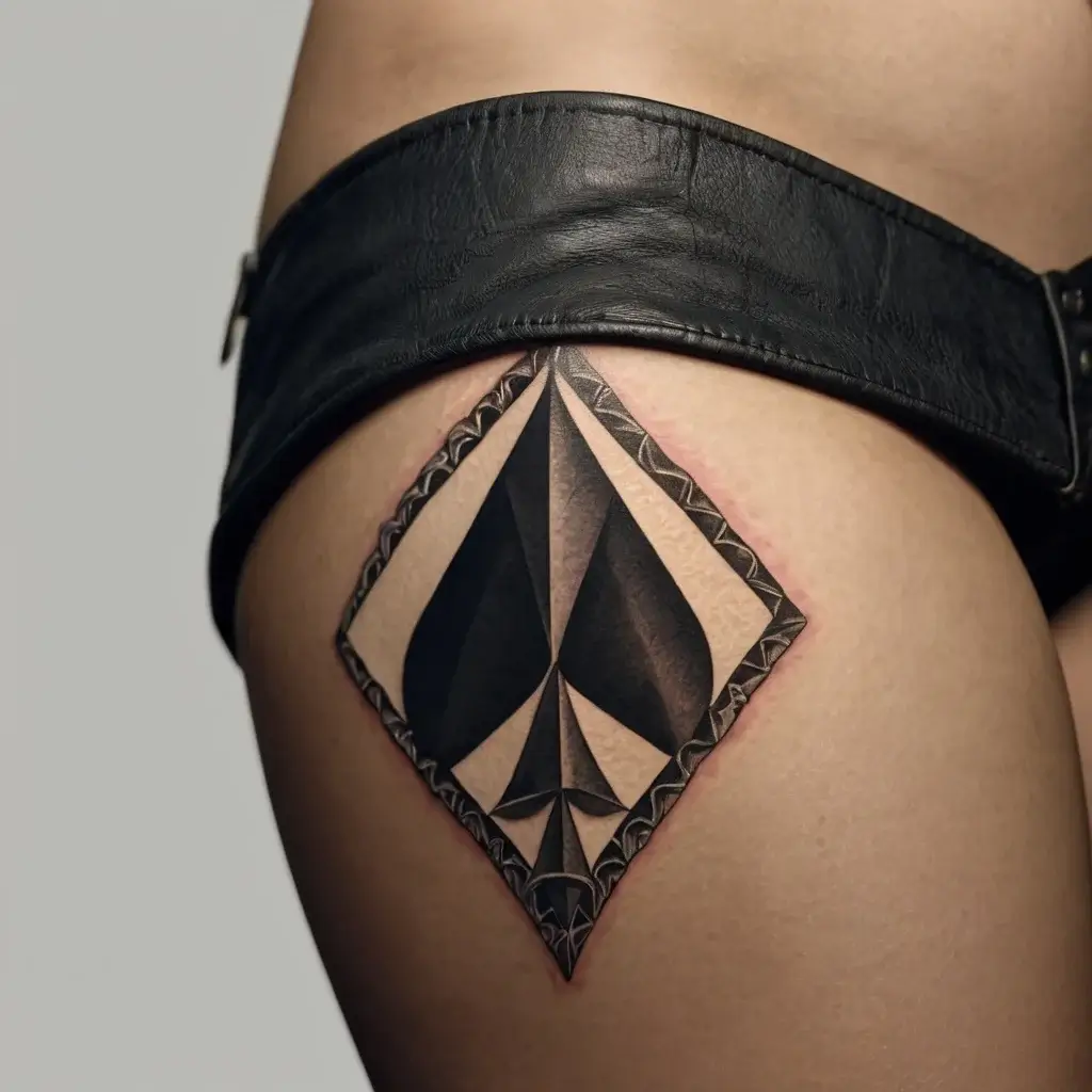 Geometric tattoo of a black spade inside a diamond-shaped frame with intricate shading on the thigh.