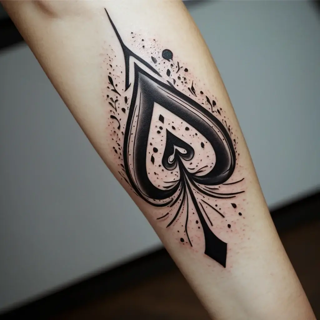 Stylized black spade tattoo with dynamic lines and shading, accented by splatter effects and intricate patterns.