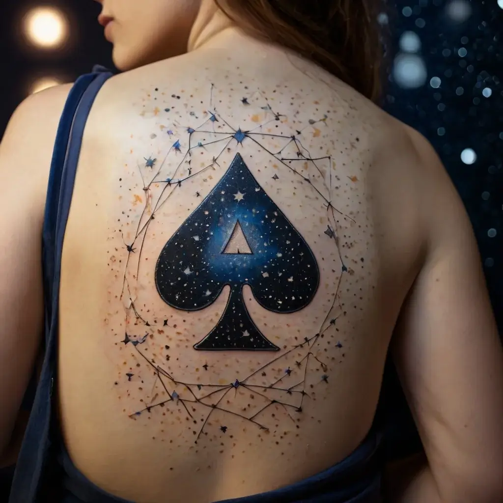 Spade tattoo on upper back with cosmic design; stars and constellations encircle it, blending into a galaxy-themed spade.