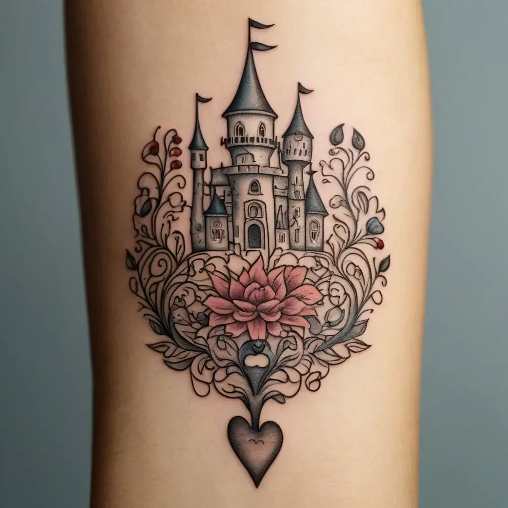 Tattoo of a whimsical castle atop floral motifs with a heart below, blending fantasy and elegance with delicate details.