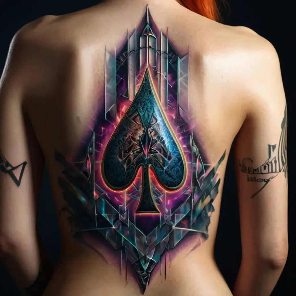 A vibrant, geometric spade tattoo covers the back, with intricate patterns and a glowing, mystical aura.