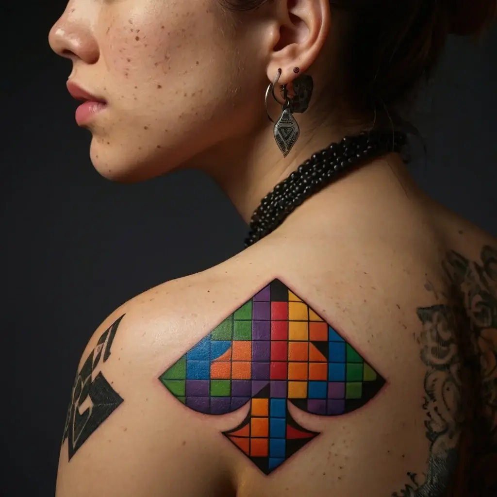 Colorful spade tattoo with geometric patterns on the shoulder, featuring a grid of vibrant squares in various shades.