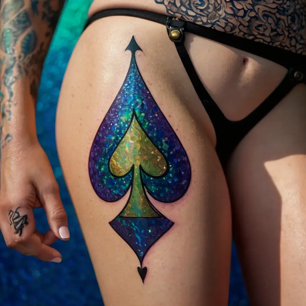 Spade-shaped tattoo on thigh with iridescent blue, green, and purple colors, creating a vibrant, holographic effect.