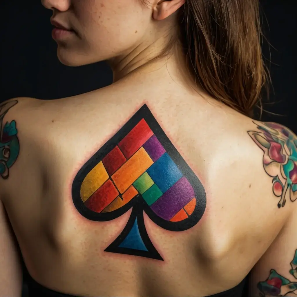 Colorful spade tattoo on back with a rainbow pattern, featuring geometric blocks in a bold black outline.