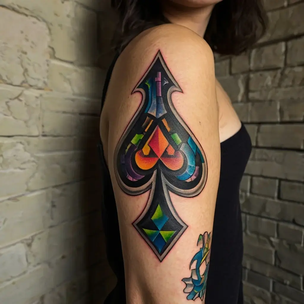 A vibrant geometric spade tattoo with colorful gradients on the upper arm, featuring bold lines and intricate patterns.