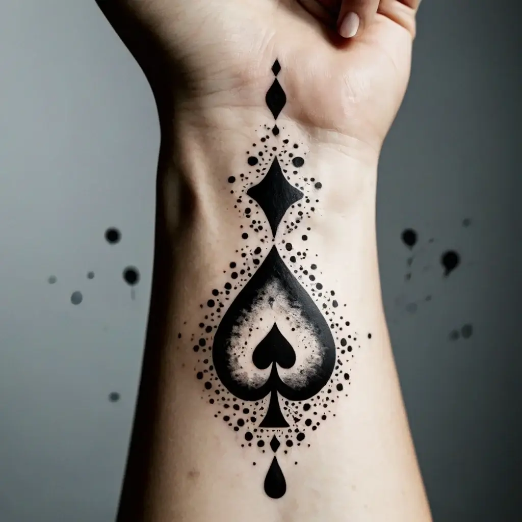 Spade tattoo with dot work and geometric accents on the forearm, creating a bold, artistic look.