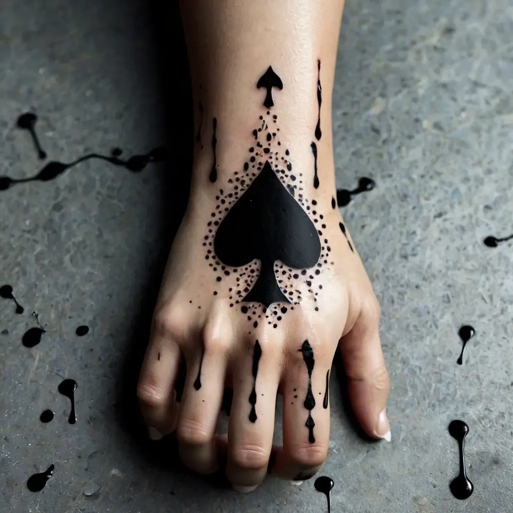 Tattoo of a large black spade on hand with dotted accents and ink drips extending along the fingers.