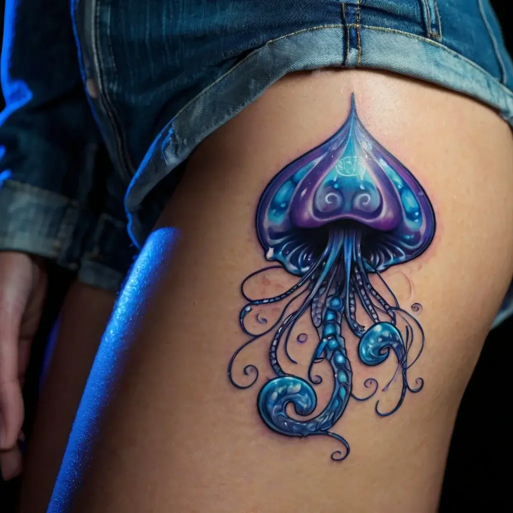 A vivid, purple and blue jellyfish tattoo on the thigh features intricate tentacles and luminous highlights.