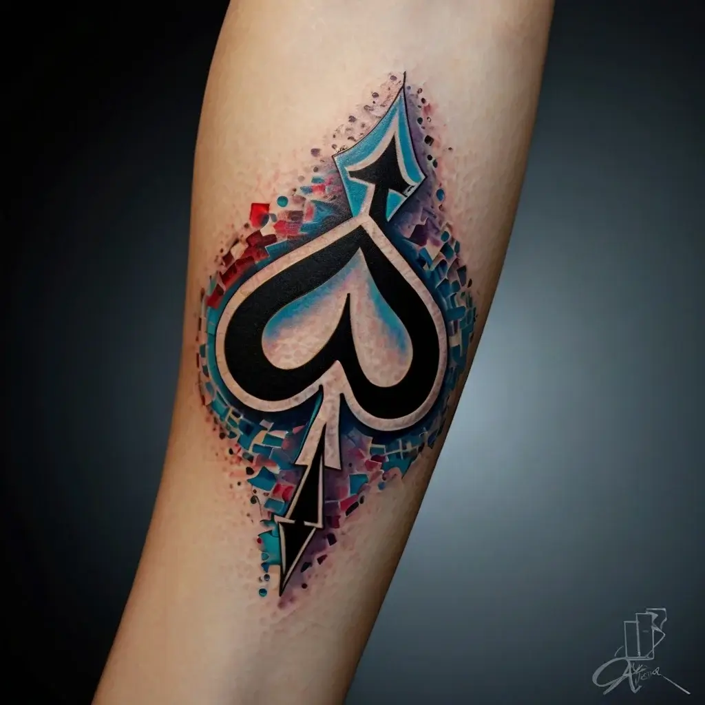 3D spade tattoo with geometric designs and vibrant blue and red hues creating a structured, textured background.