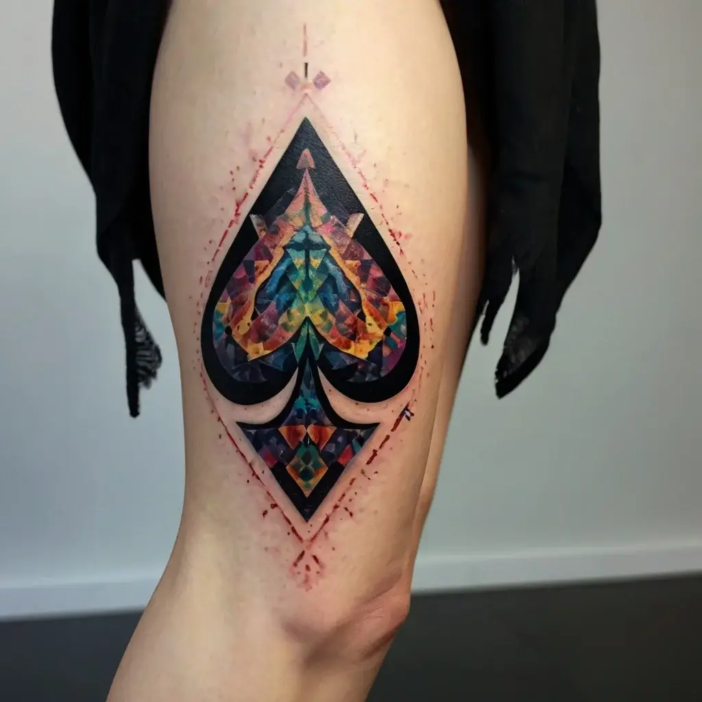 A vibrant geometric spade tattoo design, blending colorful facets within bold black outlines on the thigh.