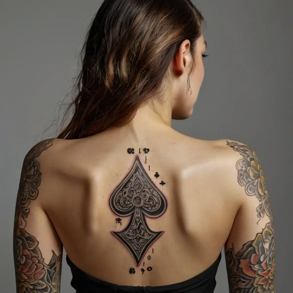 Detailed spade tattoo with ornate patterns and small card suits surrounding it on the woman's back.