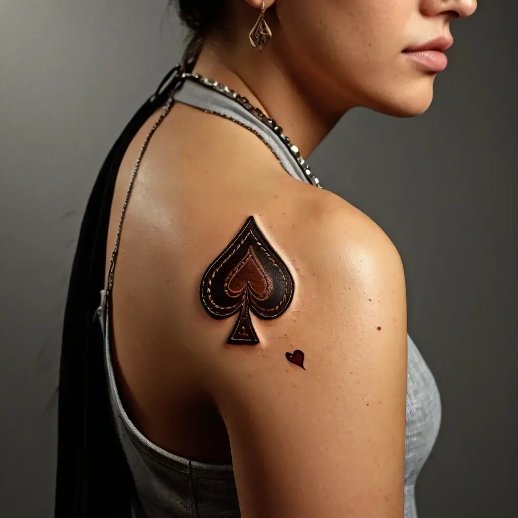 3D spade tattoo with a leather-like appearance on shoulder, featuring realistic stitching; small red heart below.