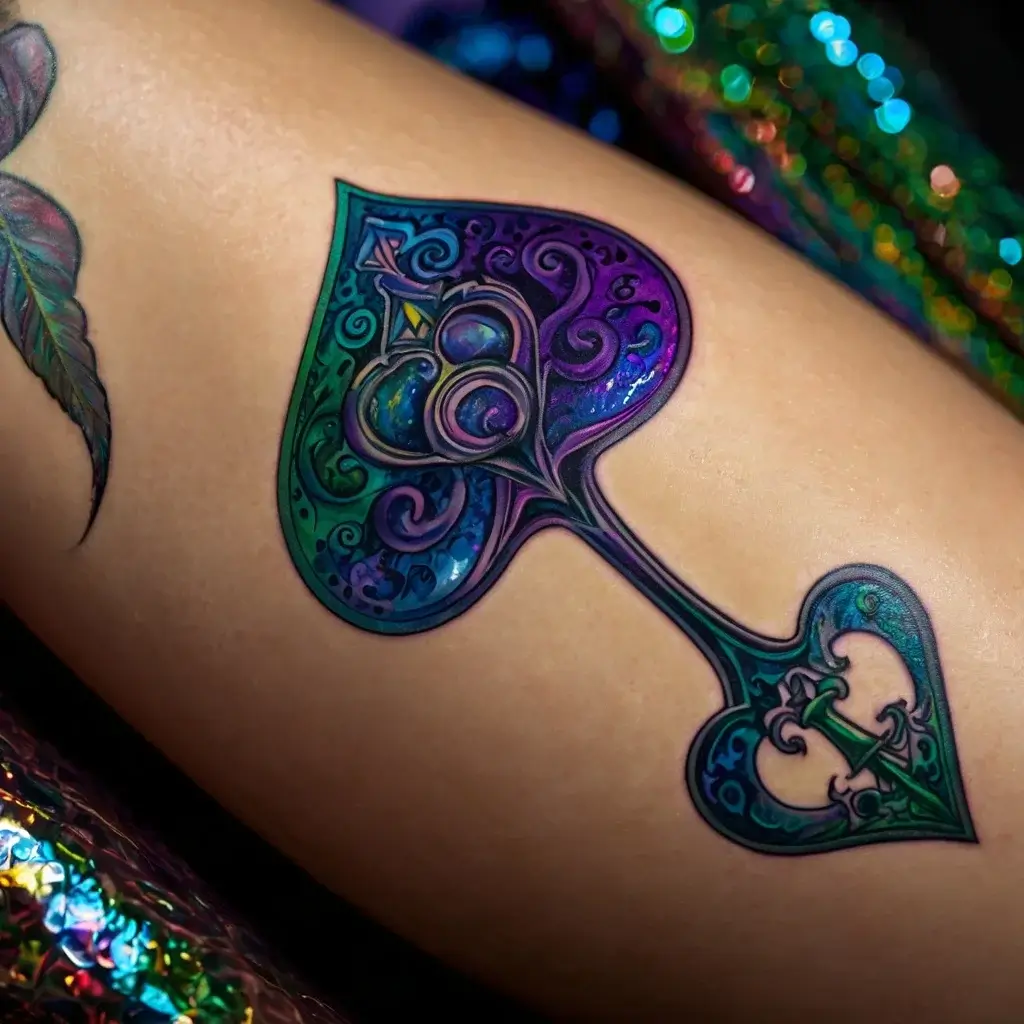 Intricate spade tattoo with vibrant purple and teal hues, featuring ornate floral and paisley patterns.