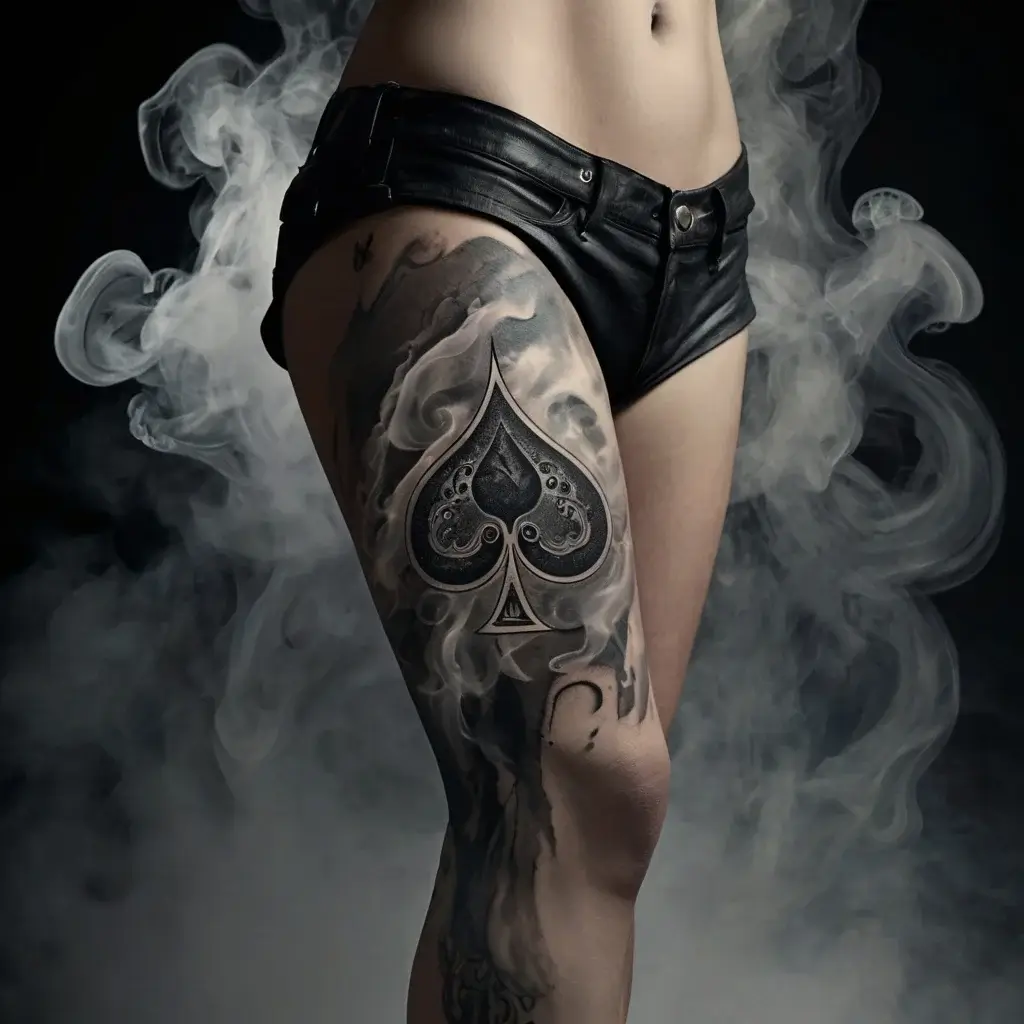 Tattoo of a detailed black spade with ornate designs on the thigh, surrounded by swirling smoke patterns.