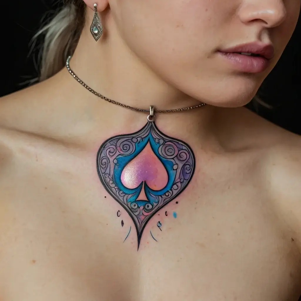 Tattoo of a 3D spade shape with intricate swirls, featuring a gradient pink to purple center and blue accents.